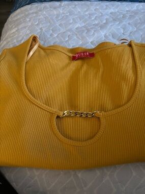 GUESS Mustard Yellow Ribbed Tank with Gold Chain Detail